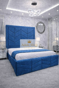 Naples Blue - Valencia Royale Luxury Upholstered Bed – Geometric Chevron Panel Headboard & Statement Footboard