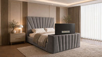 Plush Velvet Grey - Solaris Luxury Sunburst TV Bed – Designer Upholstered Bed Frame with Integrated TV Footboard