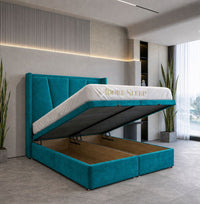 Plush Velvet Teal - Valençay Flared Sunburst Wingback Bed | Luxury Divan Ottoman Upholstered Bed Frame
