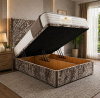 Crushed Velvet Mink - Meridian Abstract Geometry Ottoman Divan Bed | Luxury Hydraulic Storage Bed Frame