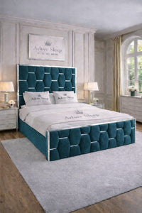 Plush Velvet Teal - Hexa Monarch Luxury Silver Strip Panel Bed Frame