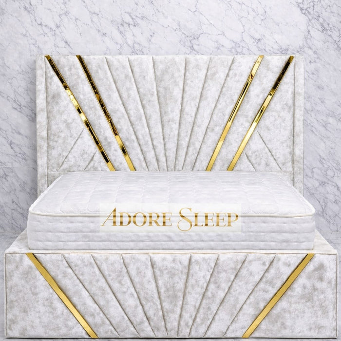 Crushed Velvet White - Bat Luxury Panel Bed Frame with Gold Strip – Upholstered