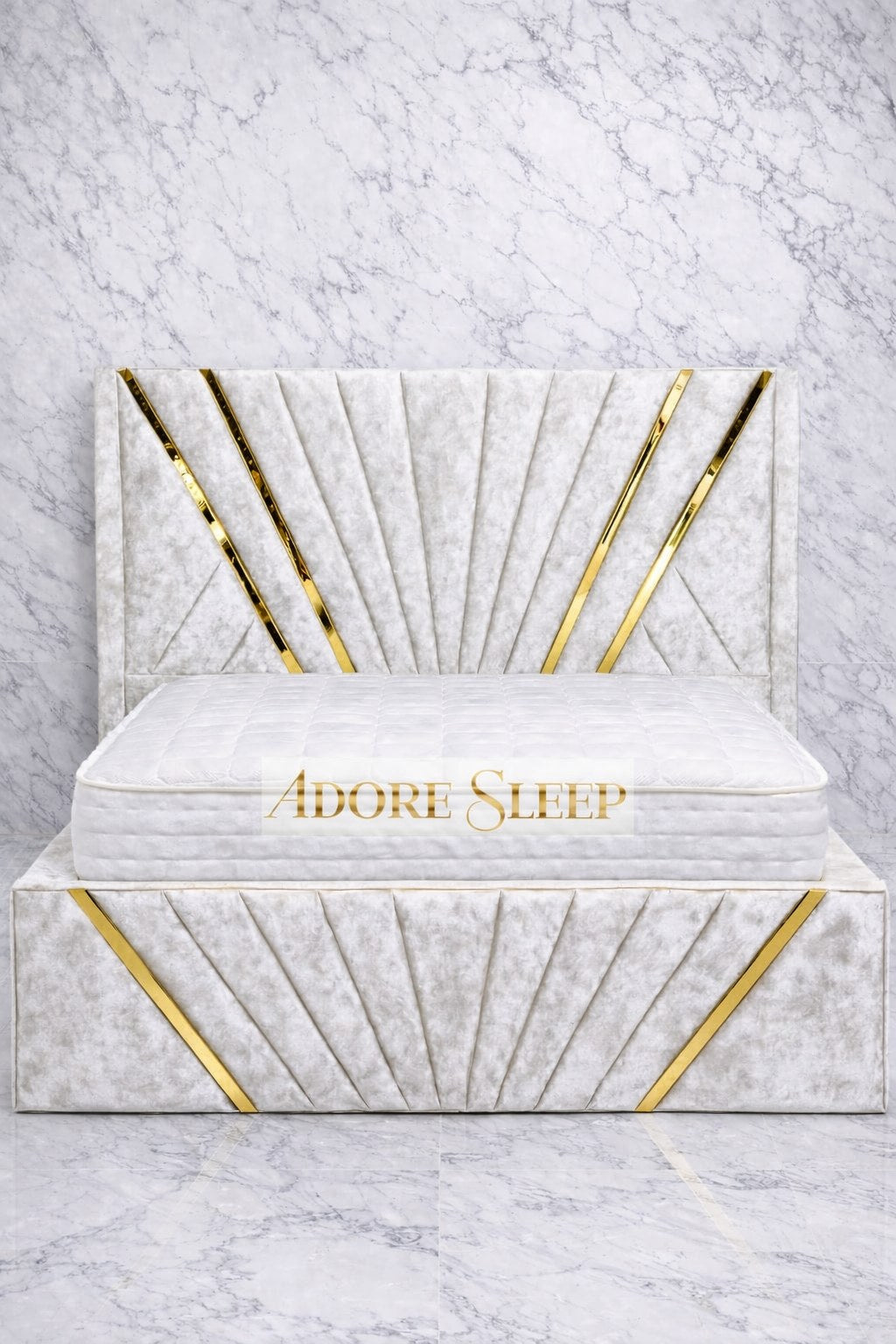 Crushed Velvet White - Bat Luxury Panel Bed Frame with Gold Strip – Upholstered