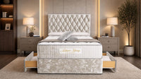 Crushed Velvet Champagne - Regency Diamond Luxury Divan Bed – Deep Button-Tufted Headboard with Premium Upholstered Frame & Storage