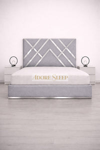Plush Velvet Silver - Regal Diamond Luxury Panel Bed Frame with Silver Strip – Upholstered