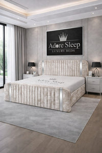 Crushed Velvet Champagne - Spencer Luxury Curved Fluted Bed Frame with Gold Strip – Upholstered
