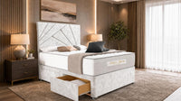 Crushed Velvet White - Aurelia Geometric Luxe Divan Bed with Statement Panelled Headboard & Storage