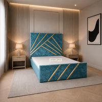 Crushed Velvet Teal - Monaco Luxury Geometric Bed – Designer Upholstered Bed Frame with Metallic Inlay Detailing