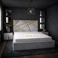 Plush Velvet Silver - Knightsbridge Regal Mosaic Luxury Panel Bed Frame with Gold Strip – Upholstered