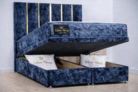 Crushed Velvet Denim Blue - Verona Luxe Ottoman Divan Storage Bed Frame – Luxury Upholstered Bed with Lift-Up Storage