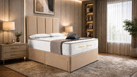 Naples Sand - Kensington Grande Luxury Divan Bed – Premium Upholstered Bed Frame with Tall Vertical Panel Headboard