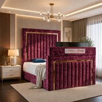 Crushed Velvet Aubergine - Kensington Luxury TV Bed – Upholstered Bed Frame with Statement Panel Headboard & TV Footboard