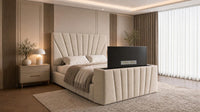 Naples Sand - Solaris Luxury Sunburst TV Bed – Designer Upholstered Bed Frame with Integrated TV Footboard