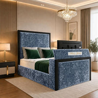 Crushed Velvet Denim Blue - Claridge Luxury Framed TV Bed – Premium Upholstered Bed Frame with Integrated TV Footboard