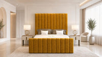 Plush Velvet Mustard Gold - Langham Column Luxury Panelled Ottoman Storage Bed