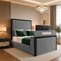 Plush Velvet Grey - Claridge Luxury Framed TV Bed – Premium Upholstered Bed Frame with Integrated TV Footboard