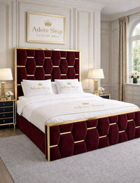 Plush Velvet Maroon - Sovereign Geometric Upholstered Designer Bed | Luxury Gold Trim Bed Frame
