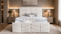 Crushed Velvet Cream - Valentina Luxury Chevron Panel Bed – Designer Upholstered Bed Frame with Statement Headboard & Footboard