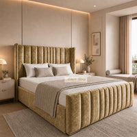 Crushed Velvet Gold - Grosvenor Luxury Winged Panel Bed – Designer Upholstered Bed Frame with Statement Headboard & Footboard