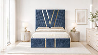Crushed Velvet Denim Blue - Monaco V-Line Luxury Geometric Ottoman Storage Bed