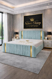 Plush Velvet Duck Egg - Spencer Luxury Curved Fluted Bed Frame with Gold Strip – Upholstered