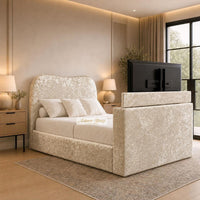 Crushed Velvet Gold - Serene Luxury Curved TV Bed – Designer Upholstered Bed Frame with Integrated TV Footboard