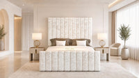 Crushed Velvet Cream - Langham Column Luxury Panelled Ottoman Storage Bed