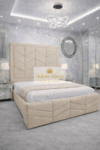 Naples Cream - Valencia Royale Luxury Upholstered Bed – Geometric Chevron Panel Headboard & Statement Footboard