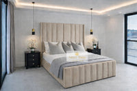 Plush Velvet Beige - Aurelia Grandeur Luxury Upholstered Panel Bed – Tall Vertical Channel Headboard & Deep Padded Frame