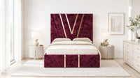 Crushed Velvet Aubergine - Monaco V-Line Luxury Geometric Ottoman Storage Bed