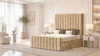 Crushed Velvet Gold - Langham Column Luxury Panelled Ottoman Storage Bed