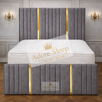 Naples Slate Grey - Celestine Luxe Vertical Panelled Gold Strip Upholstered Bed Frame | Luxury Statement Bed