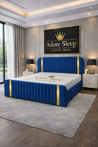 Naples Blue - Spencer Luxury Curved Fluted Bed Frame with Gold Strip – Upholstered