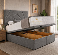 Plush Velvet Grey - Meridian Abstract Geometry Ottoman Divan Bed | Luxury Hydraulic Storage Bed Frame
