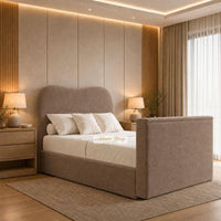 Naples Mink - Serene Luxury Curved TV Bed – Designer Upholstered Bed Frame with Integrated TV Footboard