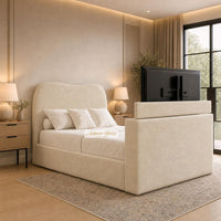 Naples Cream - Serene Luxury Curved TV Bed – Designer Upholstered Bed Frame with Integrated TV Footboard