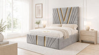 Plush Velvet Silver - Monaco V-Line Luxury Geometric Ottoman Storage Bed