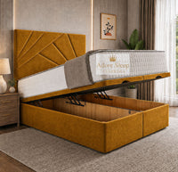 Plush Velvet Mustard Gold - Meridian Abstract Geometry Ottoman Divan Bed | Luxury Hydraulic Storage Bed Frame