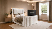 Crushed Velvet Champagne - Carlton Luxury Panelled TV Bed – Premium Upholstered Bed Frame with Integrated TV Footboard