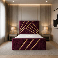 Crushed Velvet Aubergine - Monaco Luxury Geometric Bed – Designer Upholstered Bed Frame with Metallic Inlay Detailing