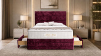 Crushed Velvet Aubergine - Monaco Luxe Luxury Divan Bed – Premium Upholstered Panelled Headboard with Storage
