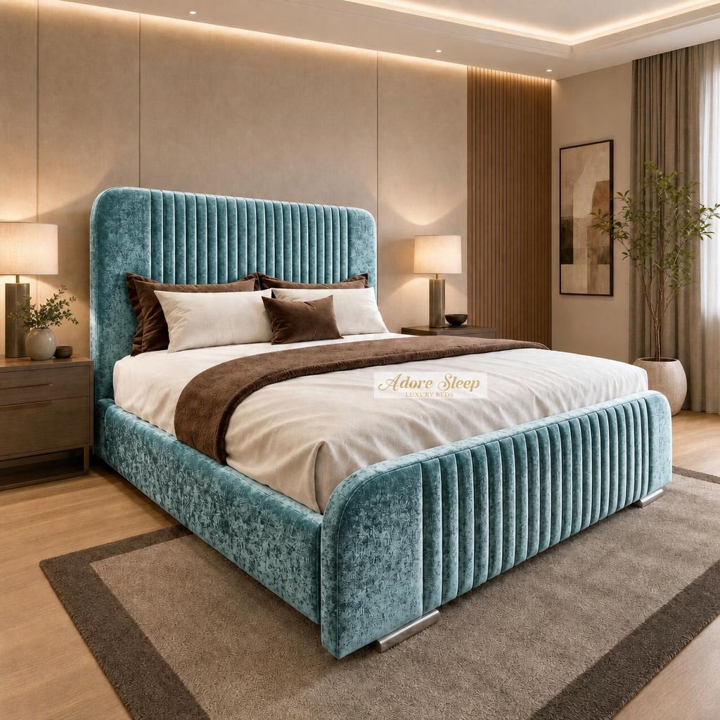 Crushed Velvet Teal - Beaumont Luxury Fluted Wing Bed – Designer Upholstered Bed Frame with Statement Headboard & Footboard