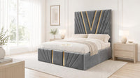 Naples Silver - Monaco V-Line Luxury Geometric Ottoman Storage Bed