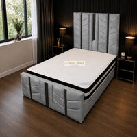 Naples Silver - Chevronne Luxury Chevron Panel Bed – Designer Upholstered Bed Frame with Metallic Inlay Detailing