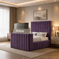 Naples Purple - Mayfair Luxury Channelled TV Bed – Premium Upholstered Bed Frame with Integrated TV Footboard