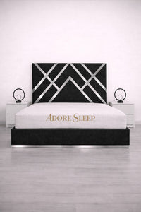 Naples Charcoal - Regal Diamond Luxury Panel Bed Frame with Silver Strip – Upholstered