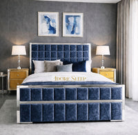 Crushed Velvet Denim Blue - Aurelius Linear Upholstered Designer Bed | Luxury Gold Frame Statement Bed