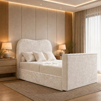 Crushed Velvet Cream - Serene Luxury Curved TV Bed – Designer Upholstered Bed Frame with Integrated TV Footboard