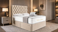 Plush Velvet Beige - Regency Diamond Luxury Divan Bed – Deep Button-Tufted Headboard with Premium Upholstered Frame & Storage