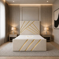 Naples Cream - Monaco Luxury Geometric Bed – Designer Upholstered Bed Frame with Metallic Inlay Detailing